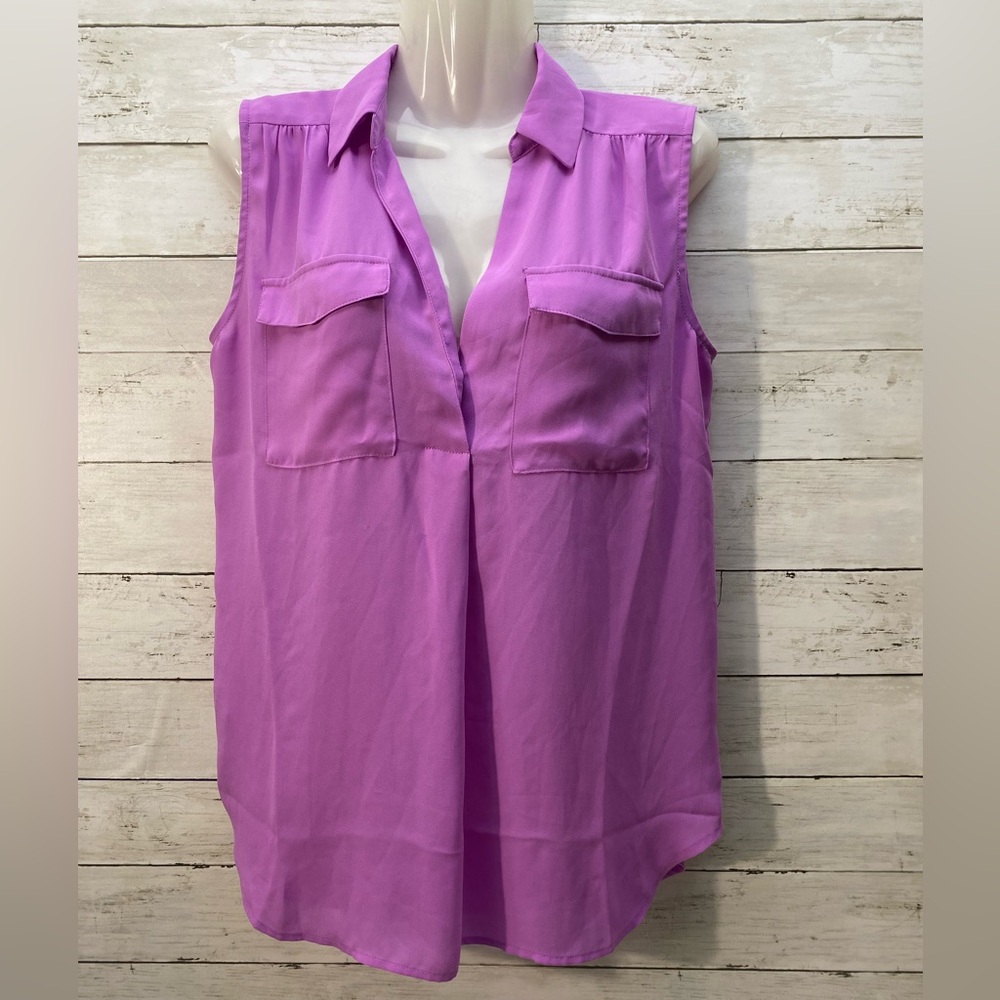 Ann Taylor Petite Small Purple Sheer Collared V Neck Pockets Sleeveless Blouse